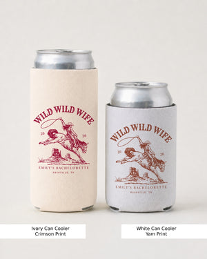 Bachelorette gift idea: Wild Wild Wife cowgirl rodeo can cooler with vintage western illustration and script lettering. Perfect for the bride-to-be or the whole bachelorette crew.