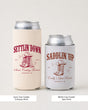 Bride and groom western wedding can coolers with vintage serif typography and a Settlin' Down Saddlin' Up theme. Rustic rehearsal dinner or bachelorette party drinkware for the whole crew.