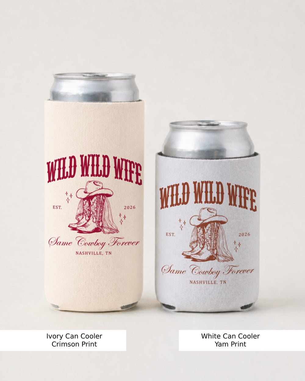Gift idea for the bachelorette crew: Wild Wild Wife western can cooler with vintage cowgirl badge art. Personalized with bride name, location, and est. date for the whole gals squad.