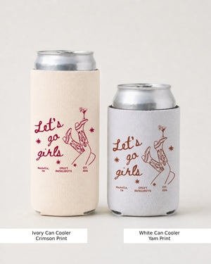 Bride and girls trip crew can coolers with Let's Go Girls script and minimalist boot and martini line art. Matching bachelorette party set for the whole squad.