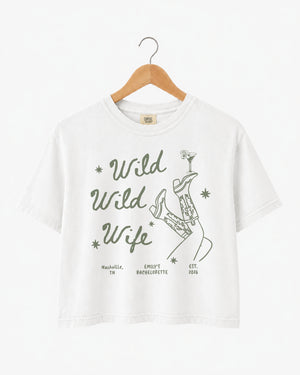 Cowgirl bride crop top with custom Wild Wild Wife graphic for country wedding celebrations