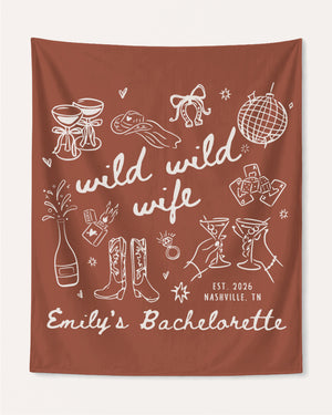 Personalized bachelorette party banner with bride name, wedding year, and destination city in playful hand-drawn line-art style. Custom Wild Wild Wife design for the whole crew.