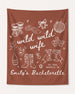 Personalized bachelorette party banner with bride name, wedding year, and destination city in playful hand-drawn line-art style. Custom Wild Wild Wife design for the whole crew.