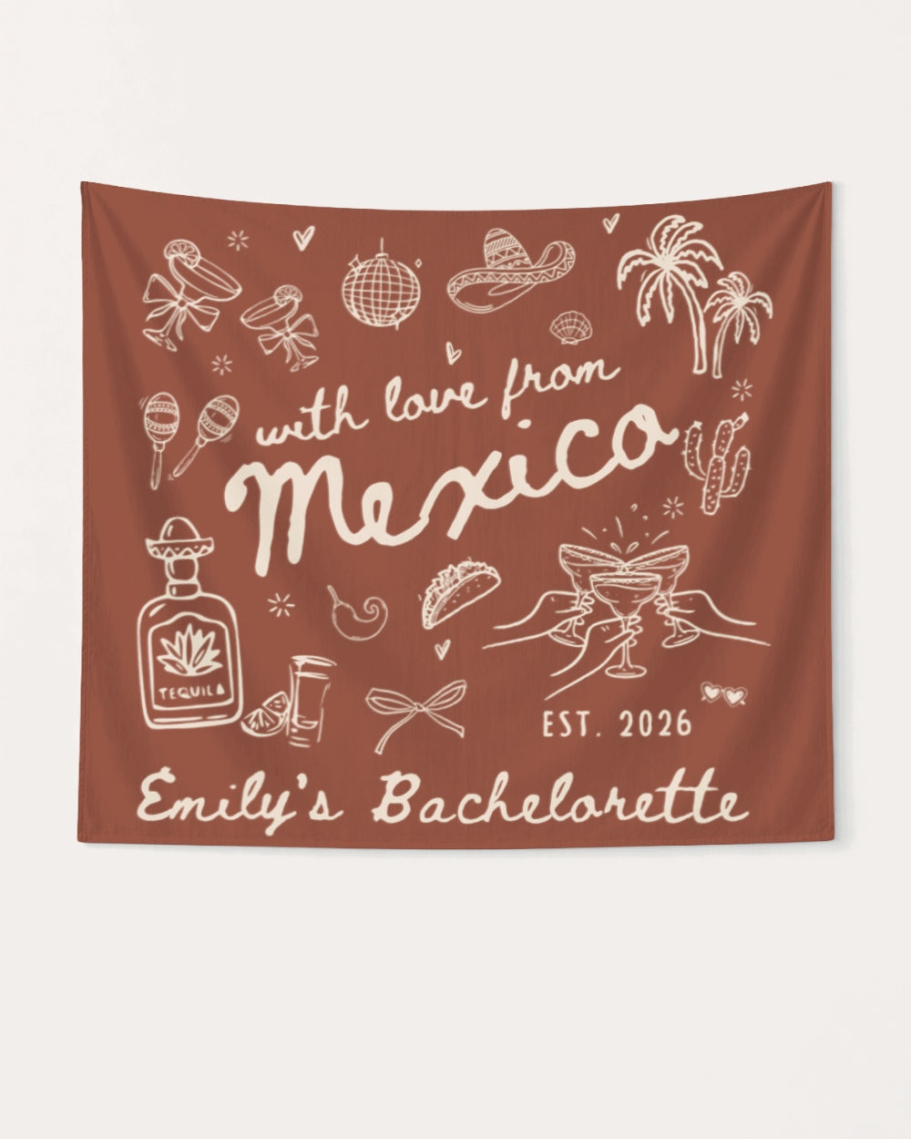 Rectangular party banner for a Mexico bachelorette weekend, vintage line-art illustration style. Personalized with bride name, year, and destination for the full crew celebration.