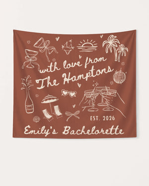 Rectangular bachelorette party banner with minimalist doodle art for a Hamptons weekend celebration. Personalized with bride name, year, and destination for the full crew.
