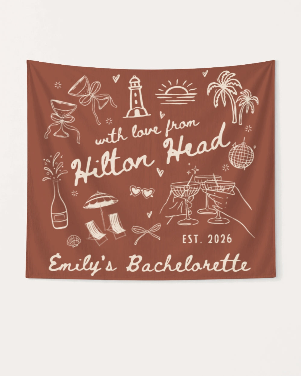 Bachelorette party banner with whimsical doodle art and hand-drawn script, personalized with bride name, destination city, and EST year. Perfect backdrop for bachelorette weekend photos.