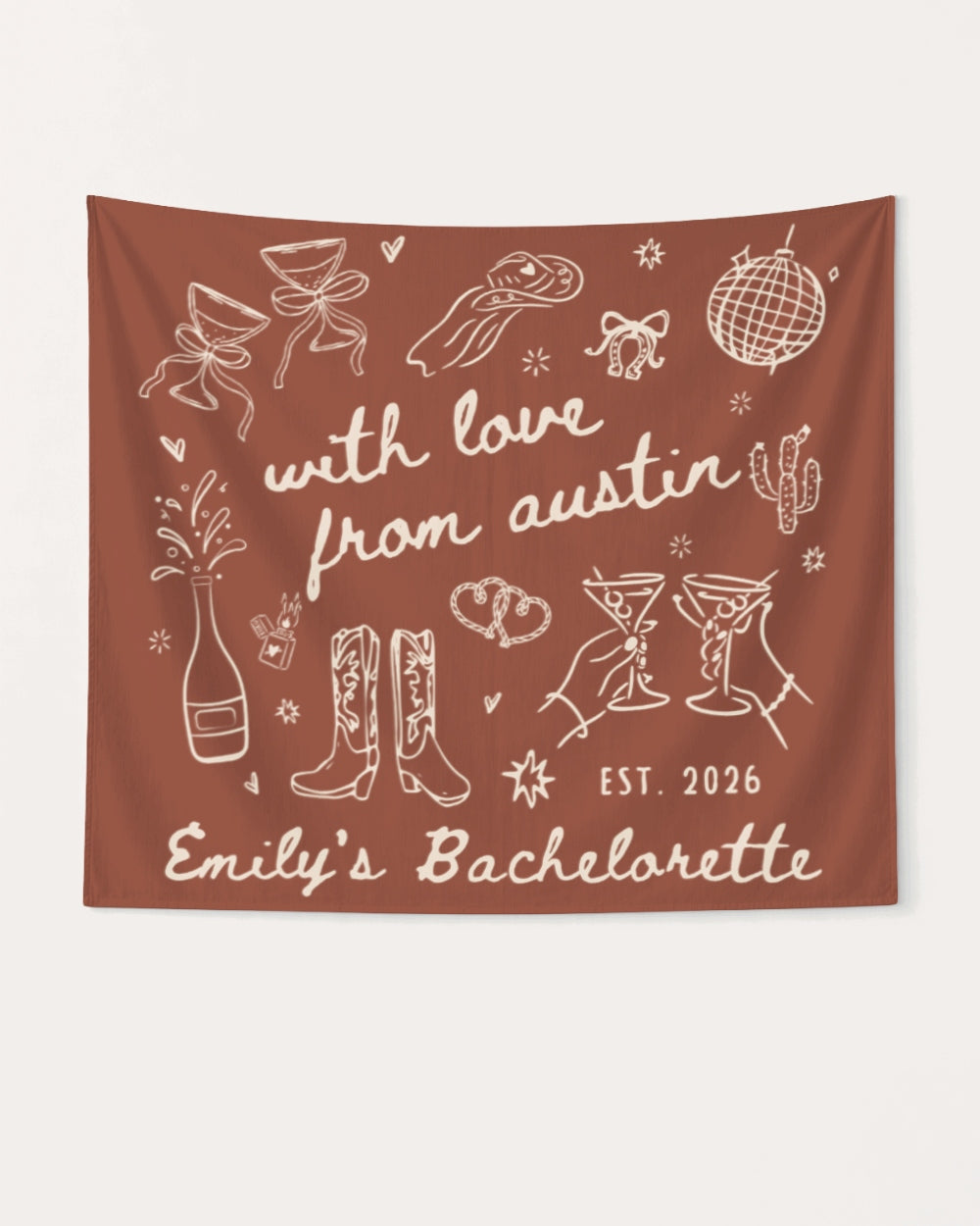 Rectangular party banner for bachelorette weekends, featuring whimsical line-art doodles and script lettering. Personalized with bride name, destination city, year, and event title for the full crew.