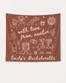Rectangular party banner for bachelorette weekends, featuring whimsical line-art doodles and script lettering. Personalized with bride name, destination city, year, and event title for the full crew.
