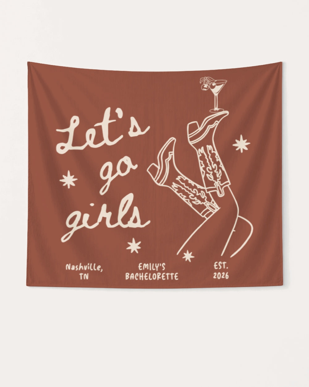 Bachelorette party banner with vintage line-art boots and martini illustration in cursive script style. Personalized with bride name, destination city, and year for the full crew celebration.