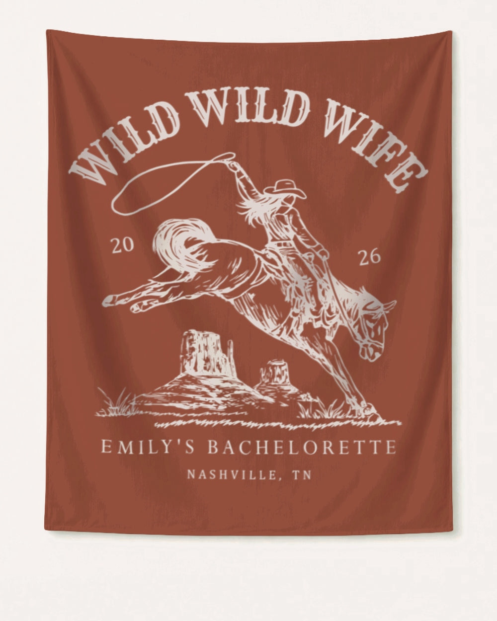 Bride and bridesmaids bachelorette party banner with vintage western rodeo art. Personalized with bride name, destination city, and year for the full Wild Wild Wife crew.