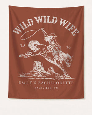 Bride and bridesmaids bachelorette party banner with vintage western rodeo art. Personalized with bride name, destination city, and year for the full Wild Wild Wife crew.