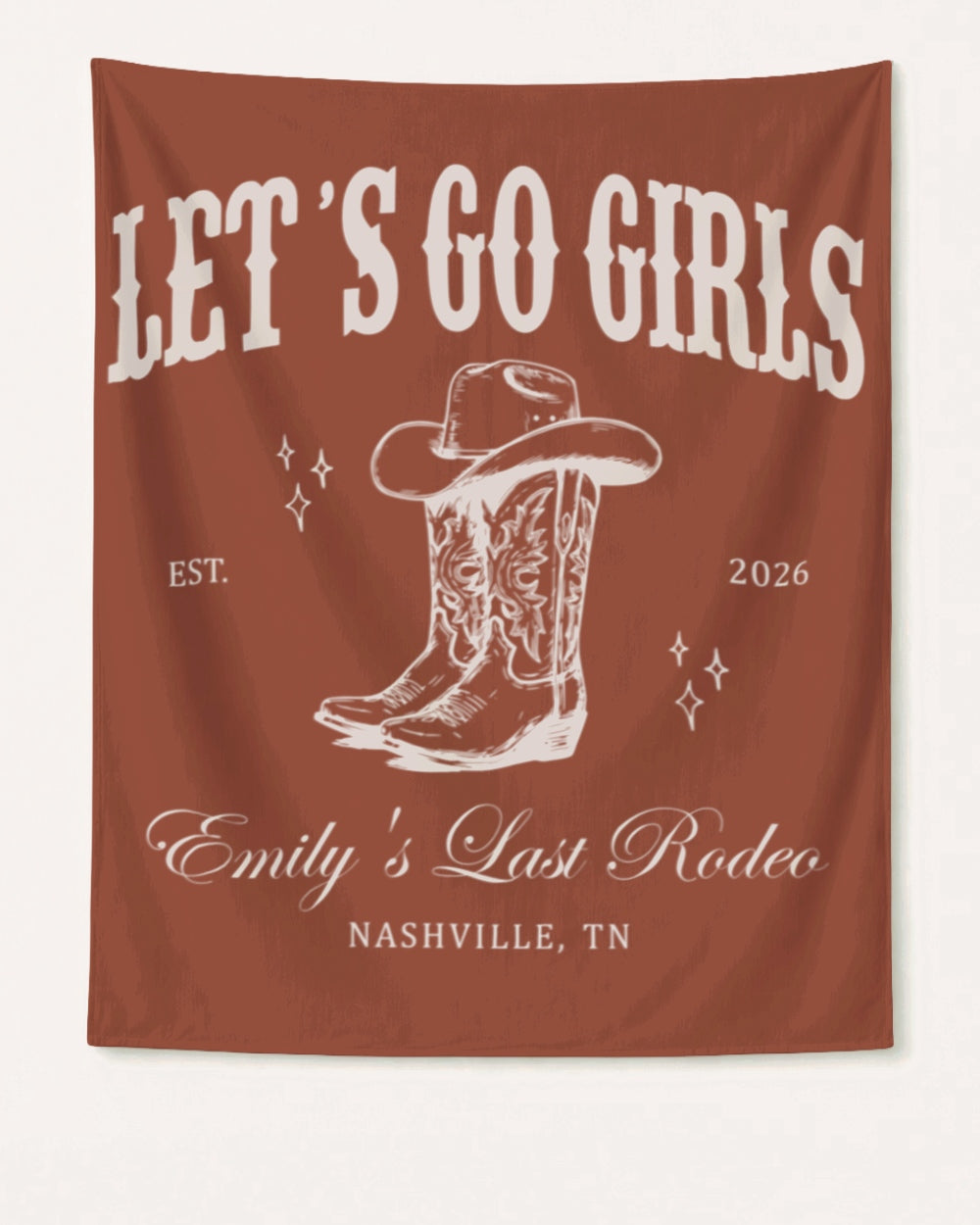 Bride and bachelorette party banner with vintage western illustration, cowboy boot and hat motifs. Personalized with bride name, destination city, and wedding year for a Nashville-style Last Rodeo celebration.