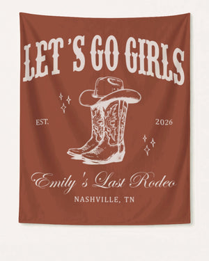 Bride and bachelorette party banner with vintage western illustration, cowboy boot and hat motifs. Personalized with bride name, destination city, and wedding year for a Nashville-style Last Rodeo celebration.