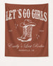 Bride and bachelorette party banner with vintage western illustration, cowboy boot and hat motifs. Personalized with bride name, destination city, and wedding year for a Nashville-style Last Rodeo celebration.