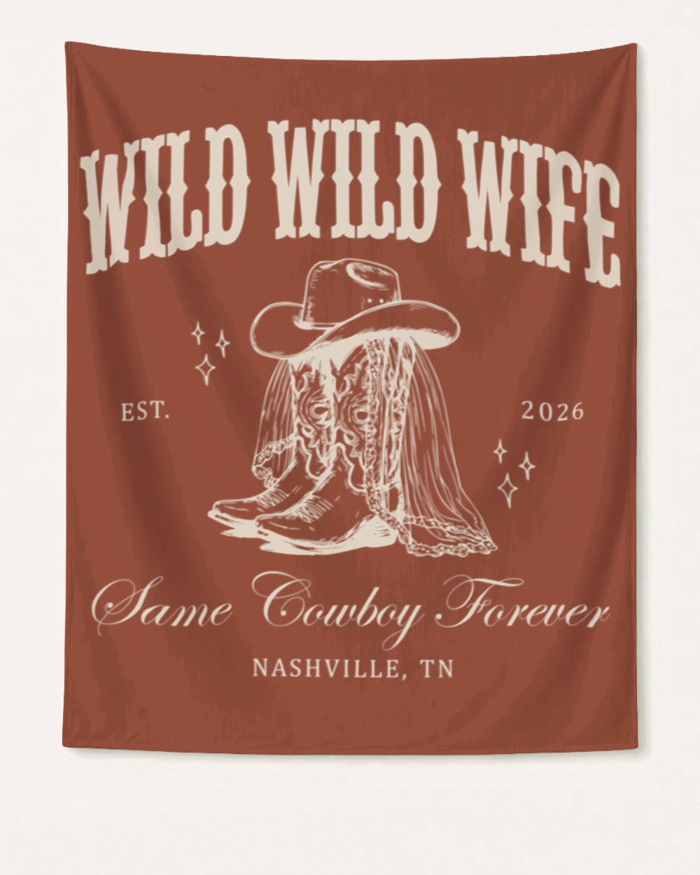 Bride and bachelorette party banner with vintage western cowgirl design for a Wild Wild Wife Nashville bridal celebration. Customizable with bride name, year, and destination city.