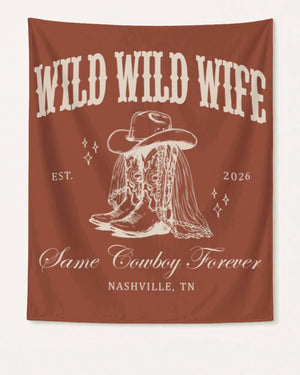Bride and bachelorette party banner with vintage western cowgirl design for a Wild Wild Wife Nashville bridal celebration. Customizable with bride name, year, and destination city.