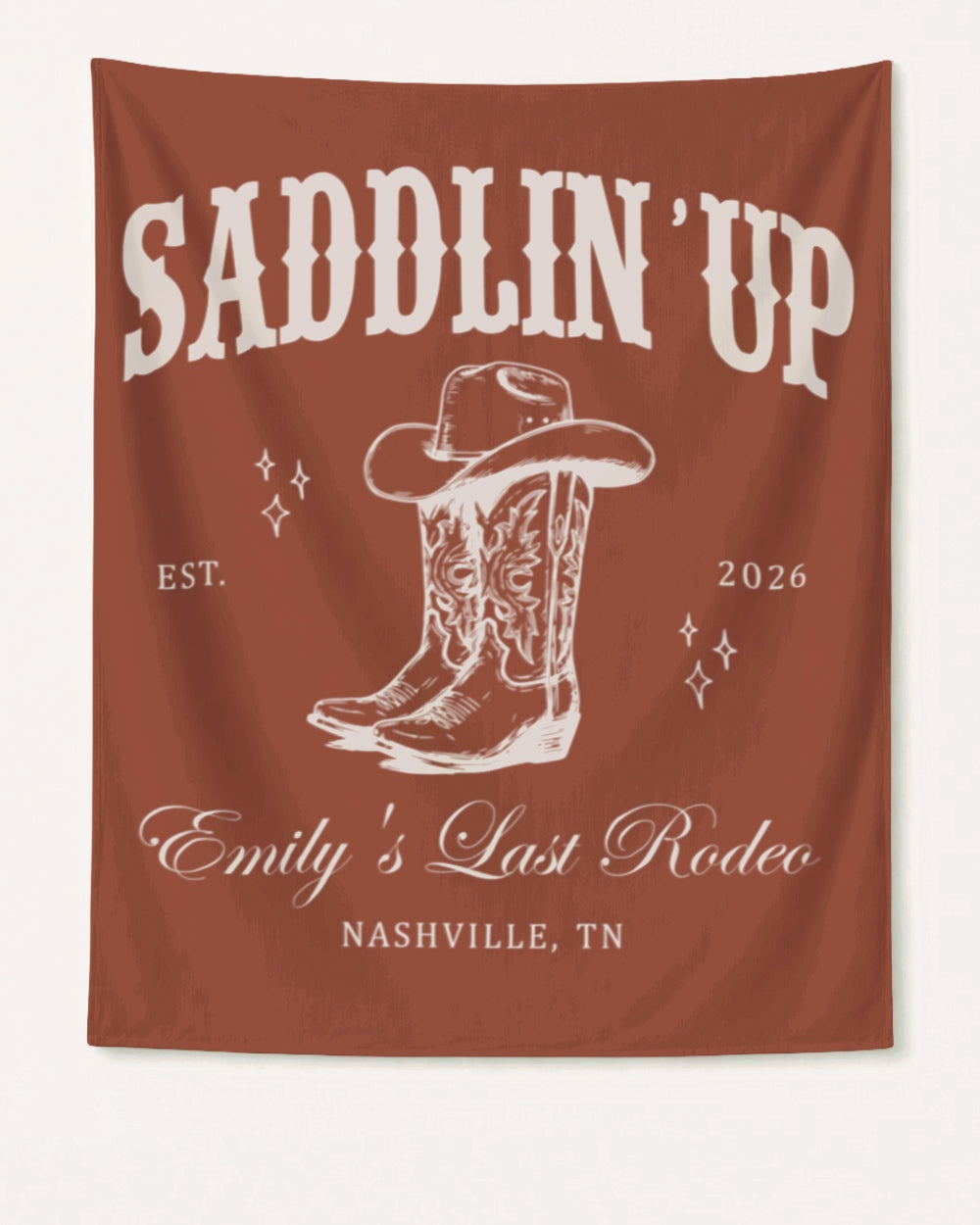 Bride and bachelorette crew banner for a rodeo-themed last fling before the ring. Vintage western illustration with script accents, personalized with bride name, year, and destination city.