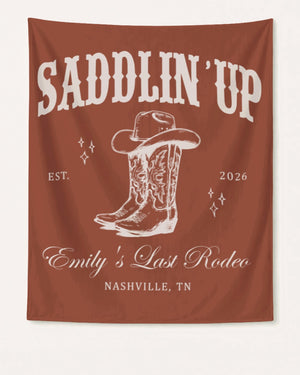Bride and bachelorette crew banner for a rodeo-themed last fling before the ring. Vintage western illustration with script accents, personalized with bride name, year, and destination city.
