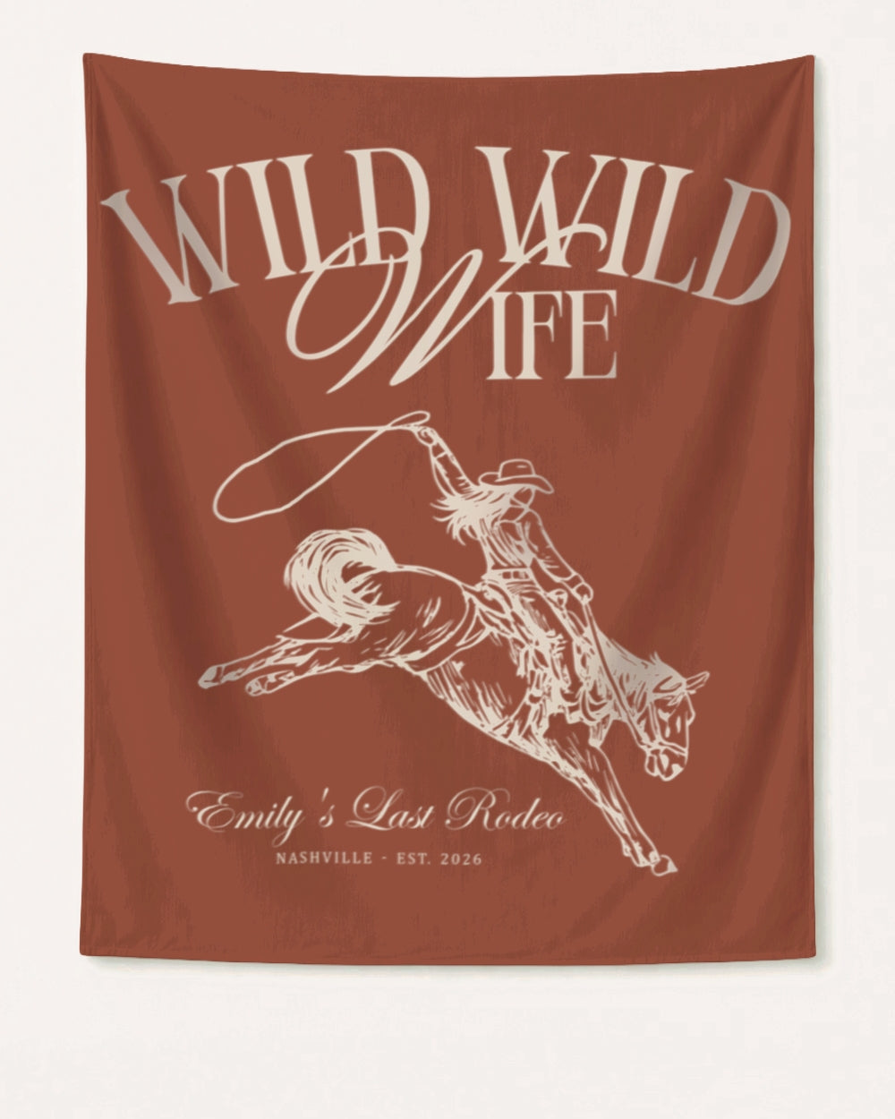 Bride and bridal crew bachelorette banner with vintage cowgirl illustration and Wild Wild Wife script. Personalized with bride name, destination city, and year for the last rodeo weekend.