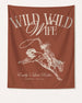 Bride and bridal crew bachelorette banner with vintage cowgirl illustration and Wild Wild Wife script. Personalized with bride name, destination city, and year for the last rodeo weekend.