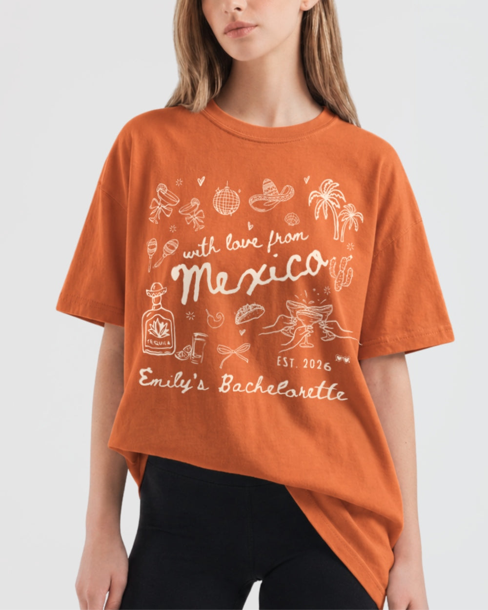 Gift idea for the bride-to-be: Mexico bachelorette t-shirt with vintage botanical line art and script lettering. Personalized with bride name, destination, and year for the whole crew.