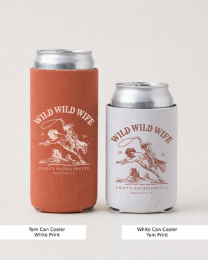 Bride and bridesmaids can coolers for a Wild Wild Wife bachelorette party, vintage western rodeo design. Matching set for the whole crew, perfect for a girls weekend bar crawl or outdoor bash.