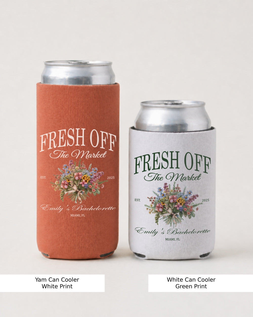 Vintage botanical illustration style bachelorette can cooler with script typography, Fresh Off the Market wedding celebration theme. Perfect for bridal party drinks at the shower or girls weekend.
