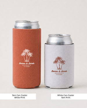 Minimalist palm tree line-art can cooler with elegant script, tropical beach wedding theme. Personalized with couple names, initials, and wedding date for guests or bridal party.
