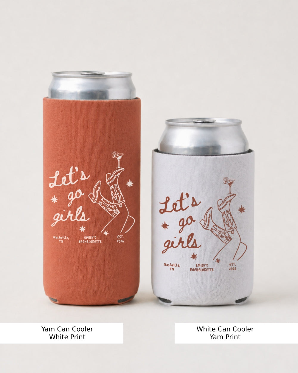 Minimalist line-art can cooler with script lettering, boots and martini motif for a bachelorette party or girls trip weekend. Keeps drinks cold for the whole crew.