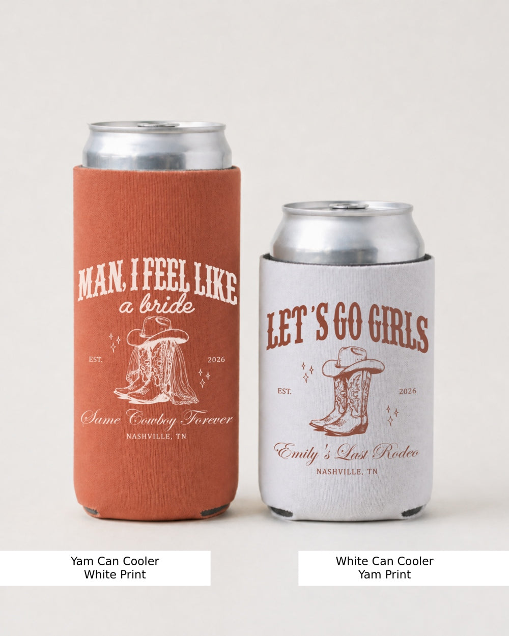 Bride and bachelorette crew can coolers with vintage western rodeo theme. Slime cowboy illustration and script typography, perfect matching set for a western or country bachelorette party.