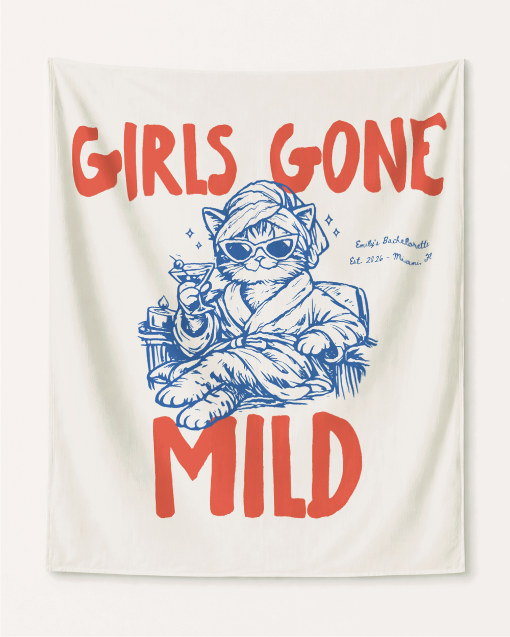 Girls Gone Mild Personalized Bachelorette Party Banner Decor, Spa Cat Bachelorette Tapestry