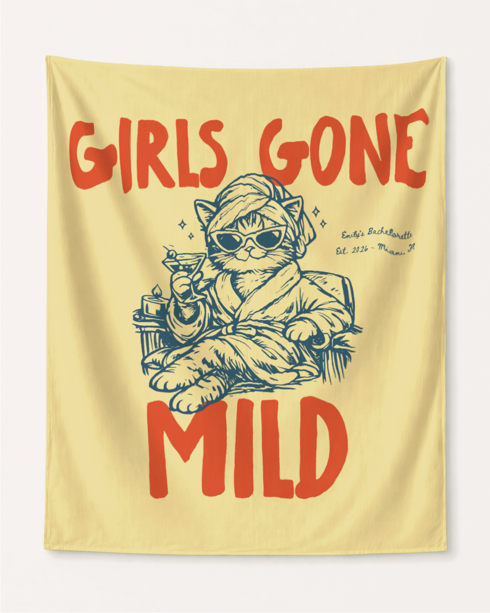 Girls Gone Mild Personalized Bachelorette Party Banner Decor, Spa Cat Bachelorette Tapestry