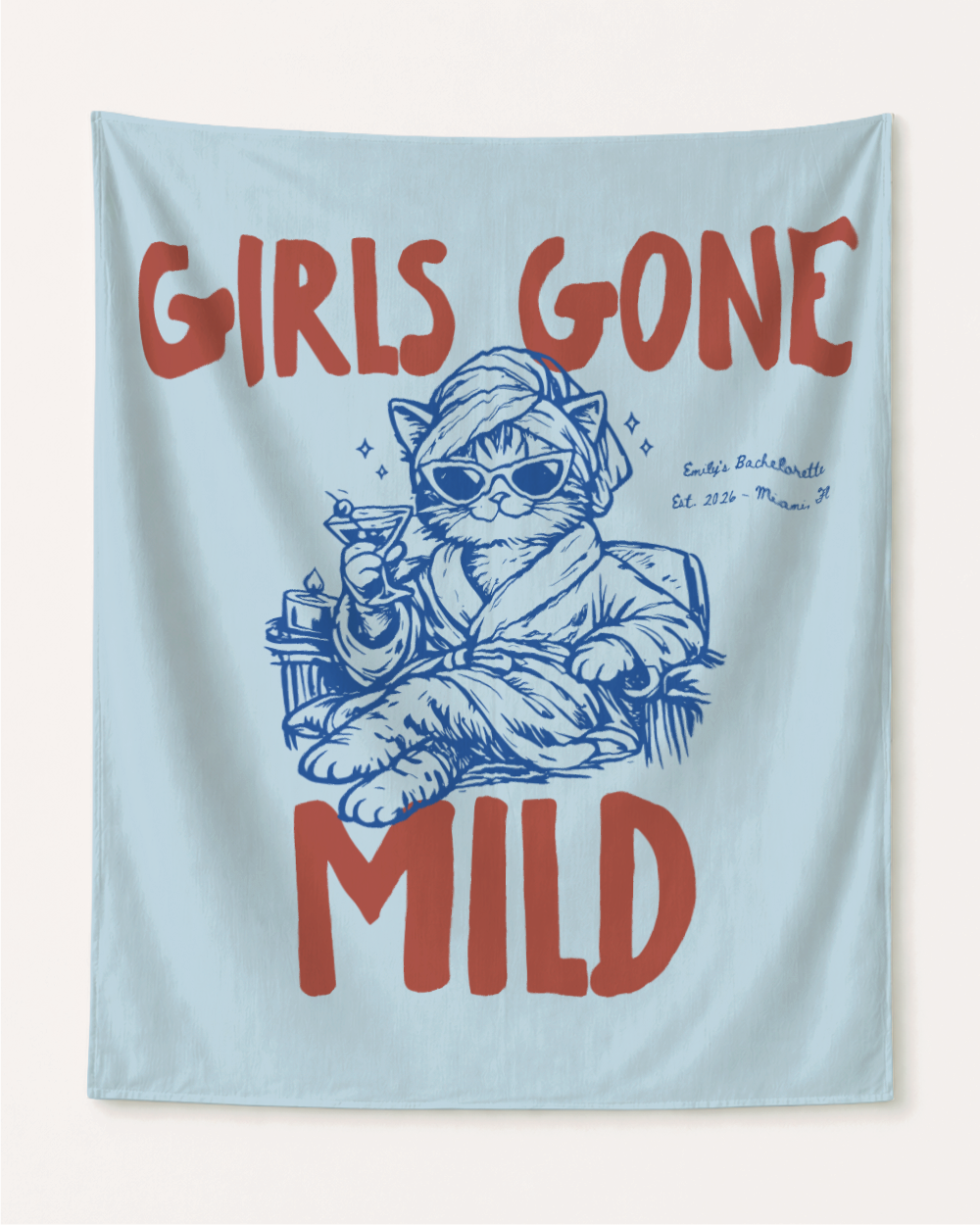 Girls Gone Mild Personalized Bachelorette Party Banner Decor, Spa Cat Bachelorette Tapestry