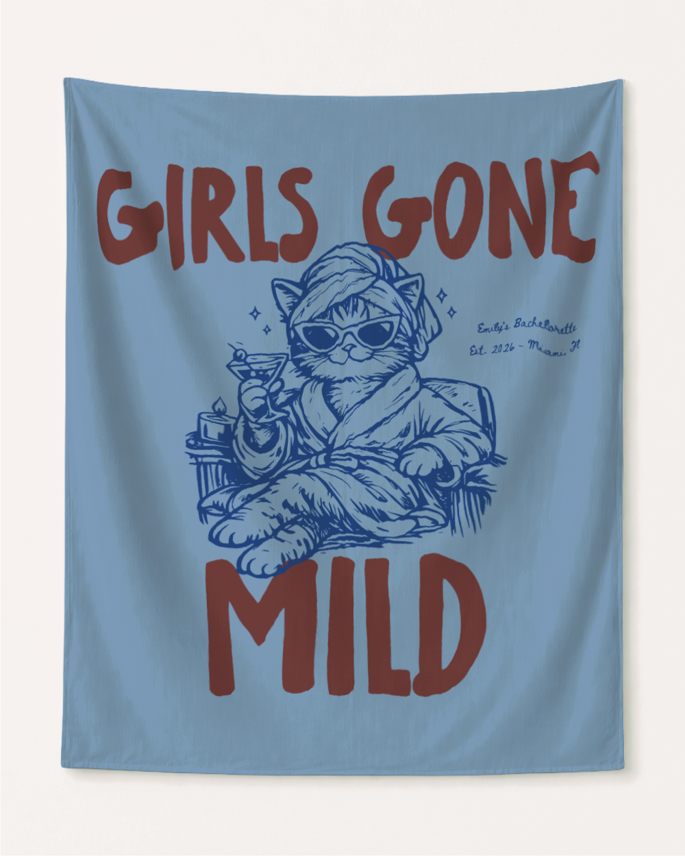 Girls Gone Mild Personalized Bachelorette Party Banner Decor, Spa Cat Bachelorette Tapestry