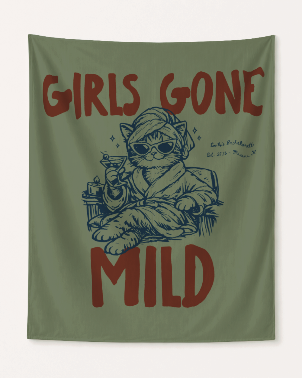 Girls Gone Mild Personalized Bachelorette Party Banner Decor, Spa Cat Bachelorette Tapestry