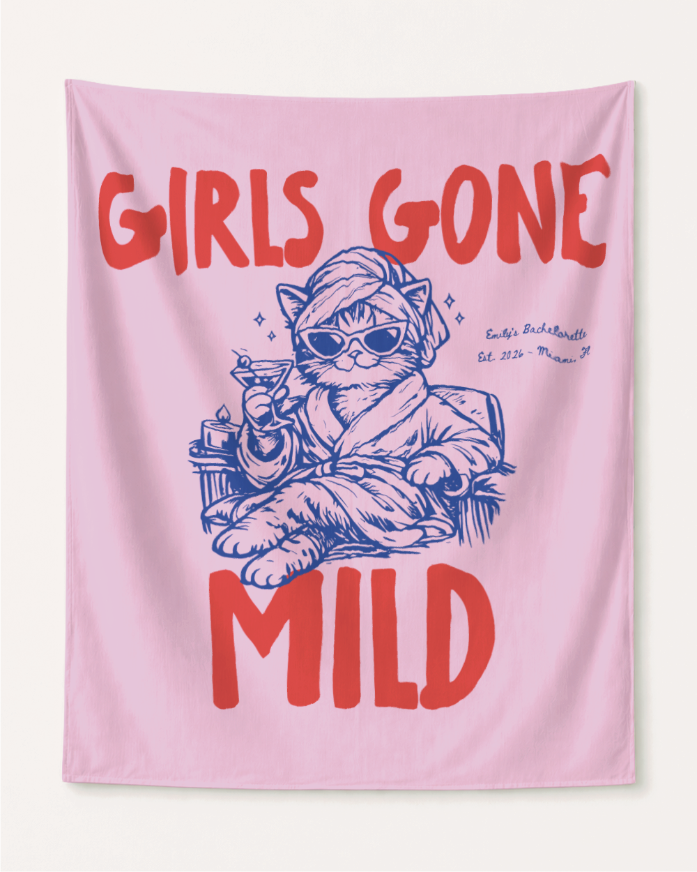 Girls Gone Mild Personalized Bachelorette Party Banner Decor, Spa Cat Bachelorette Tapestry