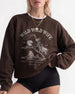 Vintage western distressed bachelorette sweatshirt with Wild Wild Wife rodeo illustration. Personalized matching set for the bride and her crew, with name, date, and city customizable.