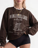 Bold pink serif typography and vintage cowboy boot illustration on a bachelorette sweatshirt. Country western Last Rodeo theme with bride name, year, and city personalized for the whole crew.