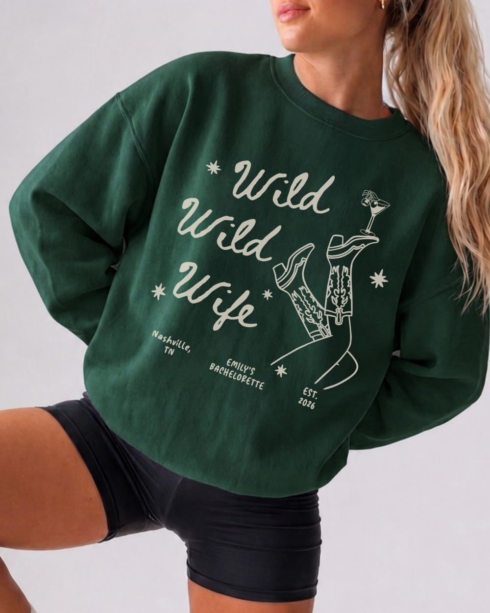 Custom text Wild Wild Wife sweatshirt for cowgirl bride parties and last rodeo weekends
