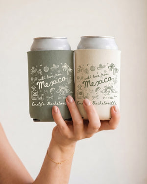 Bachelorette weekend can cooler with vintage illustration and script lettering, Mexico destination theme. Personalized with bride name and trip details for the whole crew.