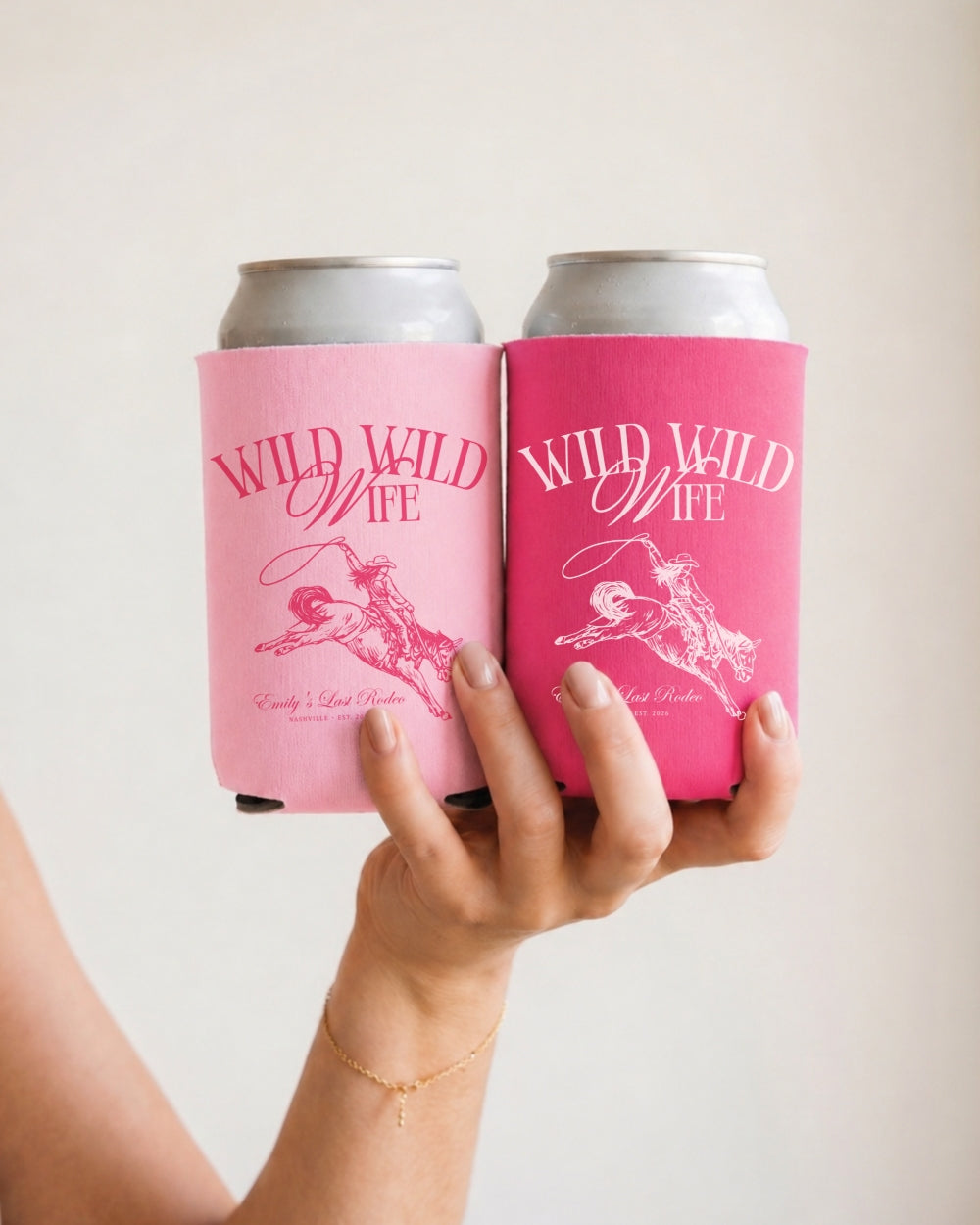 Personalized Wild Wild Wife can cooler with vintage cowgirl and elegant script, bachelorette party bride gift. Custom name or date option for the whole bridal crew.