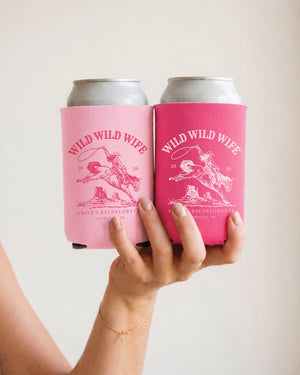 Personalized Wild Wild Wife can cooler for bachelorette party, vintage western rodeo design with script lettering. Custom bride name and wedding details available for the full bachelorette crew.
