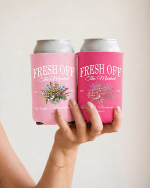 Gift idea for the newly engaged bride: Fresh Off the Market can cooler with vintage botanical illustration and script typography. Perfect for bachelorette parties, bridal showers, and wedding celebrations.