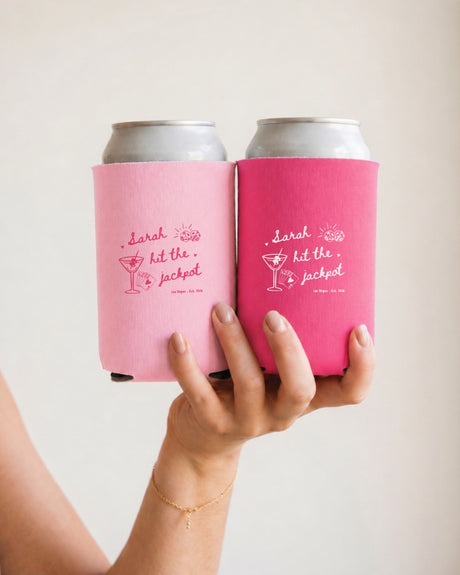 Personalized casino bachelorette drink holder with Hit The Jackpot design for bride party favors