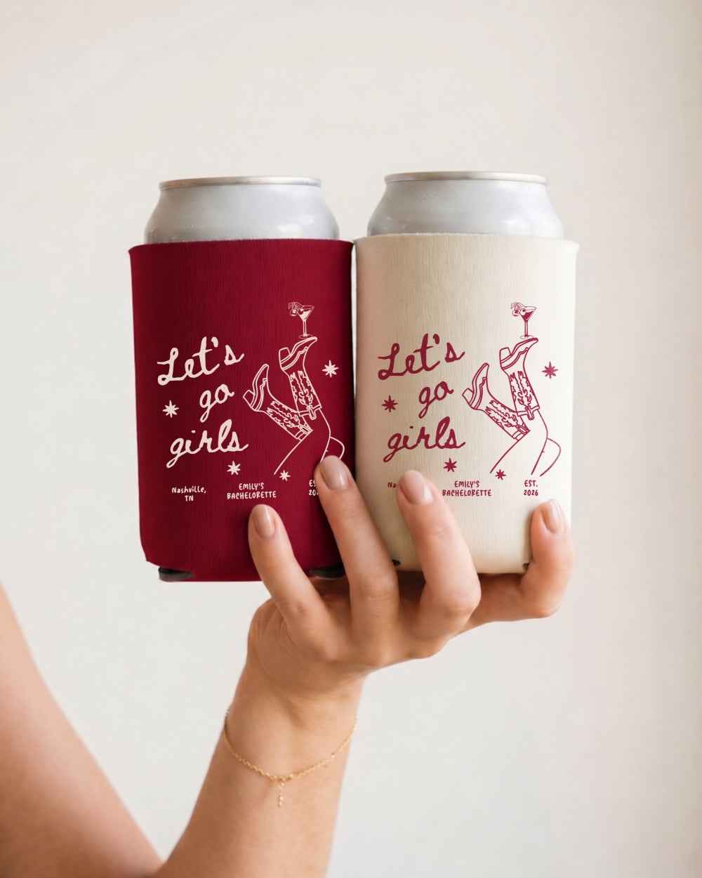 Personalized can cooler for bachelorette parties and girls trips, featuring minimalist line-art script. Custom name or date option keeps drinks cold and the crew matching all weekend.
