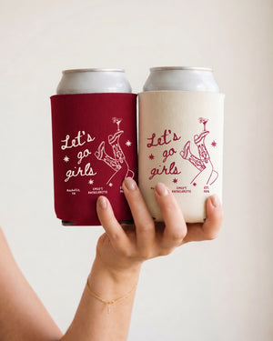 Personalized can cooler for bachelorette parties and girls trips, featuring minimalist line-art script. Custom name or date option keeps drinks cold and the crew matching all weekend.