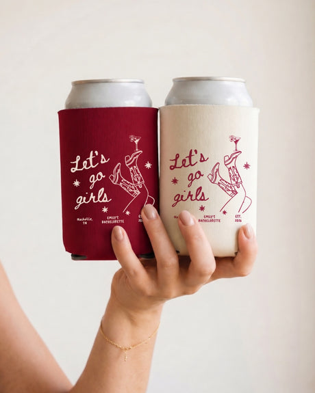 Personalized can cooler for bachelorette parties and girls trips, featuring minimalist line-art script. Custom name or date option keeps drinks cold and the crew matching all weekend.