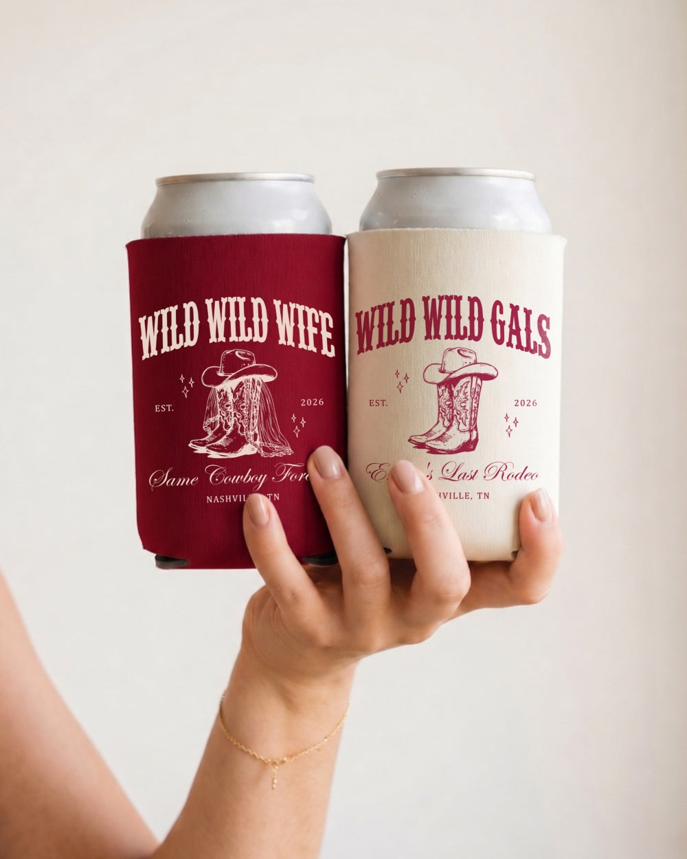 Bachelorette party can cooler with vintage western cowgirl theme for the Wild Wild Wife crew. Retro badge art with cowboy boots, customizable with bride name, date, and hometown.