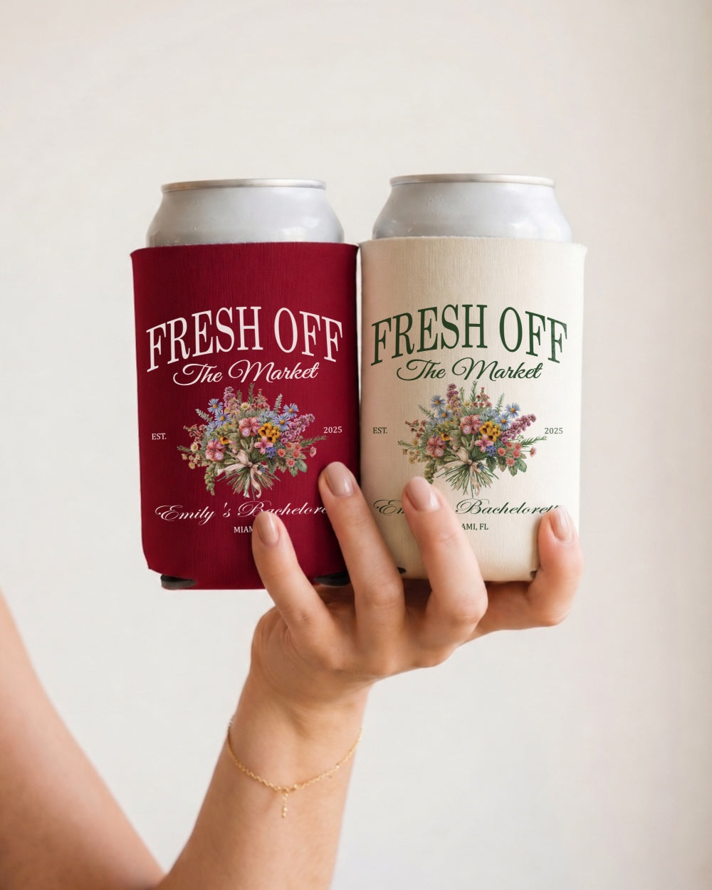 Personalized Fresh Off the Market can cooler with vintage botanical illustration and script typography for bachelorette parties and wedding celebrations. Custom name or date option for the whole bride squad.
