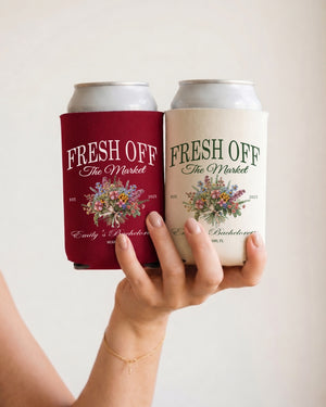 Personalized Fresh Off the Market can cooler with vintage botanical illustration and script typography for bachelorette parties and wedding celebrations. Custom name or date option for the whole bride squad.